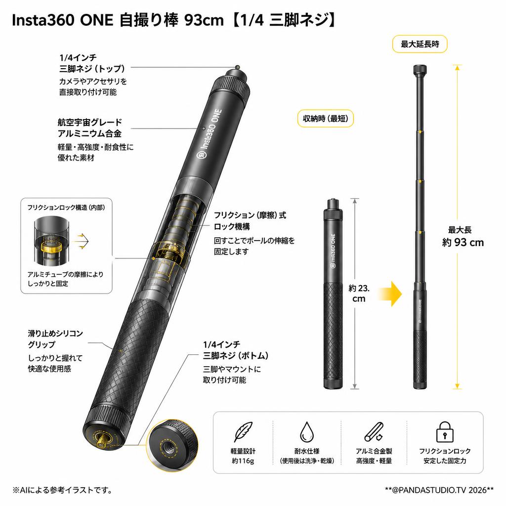 Insta360 ONE  自撮り棒 93cm【1/4 三脚ネジ】 スペック