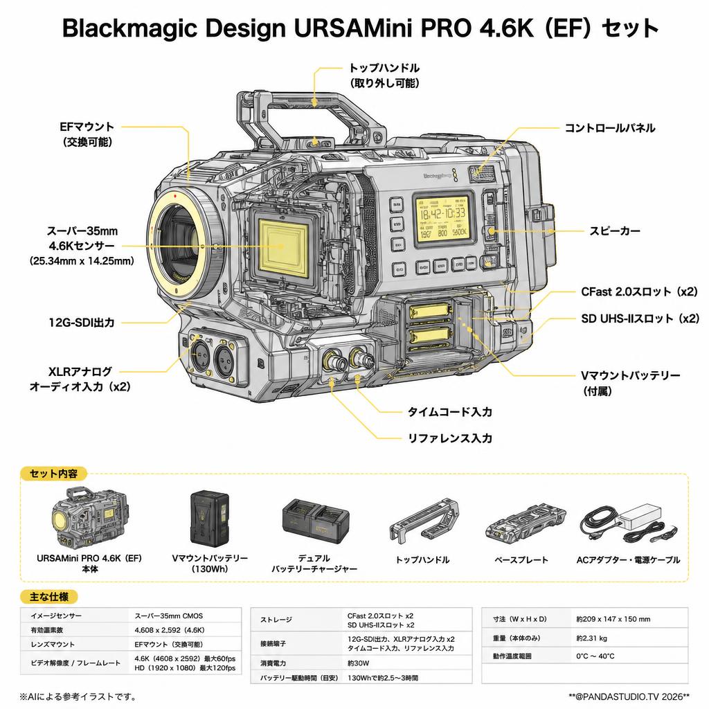 Blackmagic Design URSAMini PRO 4.6K（EF）セット スペック
