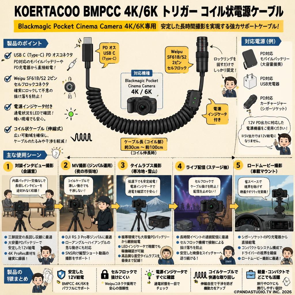 KOERTACOO BMPCC 4K/6K トリガー コイル状電源ケーブル Blackmagic Pocket Cinema Camera 4K/6K USB C Type-C PDオスコネクター Weipu SF61B/S2 2ピン セルフロックコネクタ 電源インジケータ付き 用途