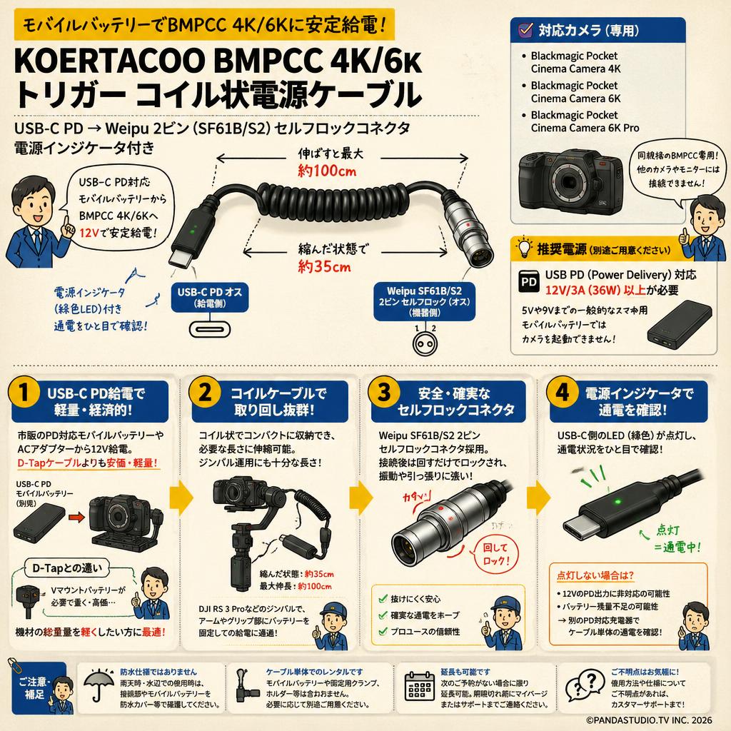 KOERTACOO BMPCC 4K/6K トリガー コイル状電源ケーブル Blackmagic Pocket Cinema Camera 4K/6K USB C Type-C PDオスコネクター Weipu SF61B/S2 2ピン セルフロックコネクタ 電源インジケータ付き FAQ（よくある質問と答え）