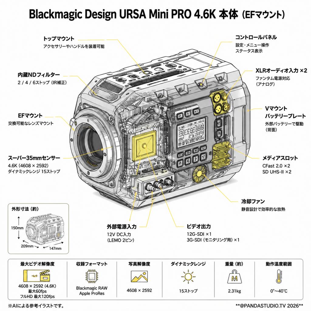 Blackmagic Design URSA Mini PRO 4.6K 本体 （EFマウント） スペック