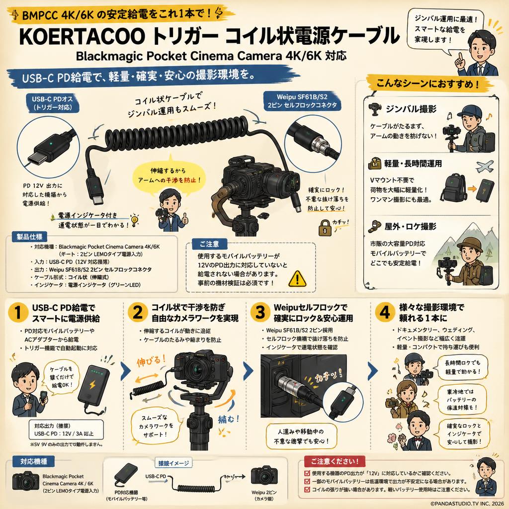 KOERTACOO BMPCC 4K/6K トリガー コイル状電源ケーブル Blackmagic Pocket Cinema Camera 4K/6K USB C Type-C PDオスコネクター Weipu SF61B/S2 2ピン セルフロックコネクタ 電源インジケータ付き インターネット上のお客様の声（評判）