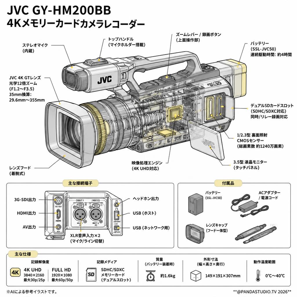 JVC GY-HM200BB 4Kメモリーカードカメラレコーダー スペック