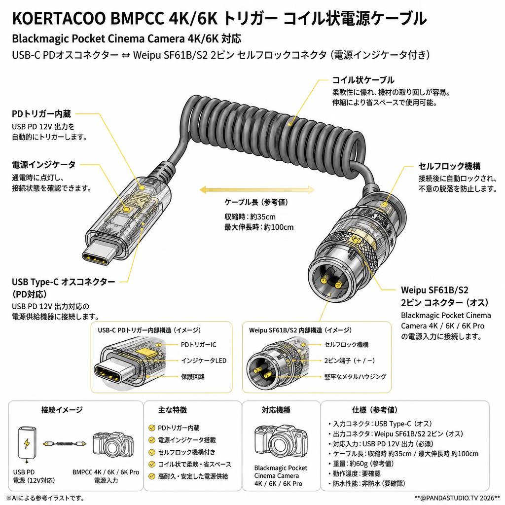 KOERTACOO BMPCC 4K/6K トリガー コイル状電源ケーブル Blackmagic Pocket Cinema Camera 4K/6K USB C Type-C PDオスコネクター Weipu SF61B/S2 2ピン セルフロックコネクタ 電源インジケータ付き スペック