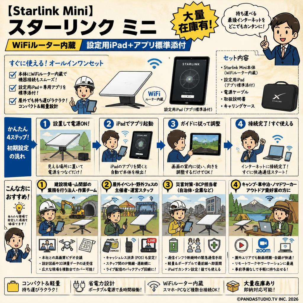【Starlink Mini 】スターリンク ミニ WiFiルーター内蔵 設定用 iPad＋アプリ標準添付【大量在庫有】 おもな対象のお客様