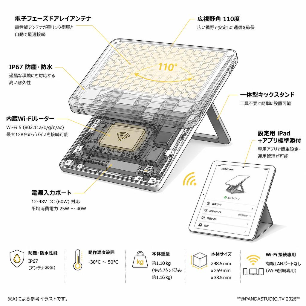 【Starlink Mini 】スターリンク ミニ WiFiルーター内蔵 設定用 iPad＋アプリ標準添付【大量在庫有】 スペック