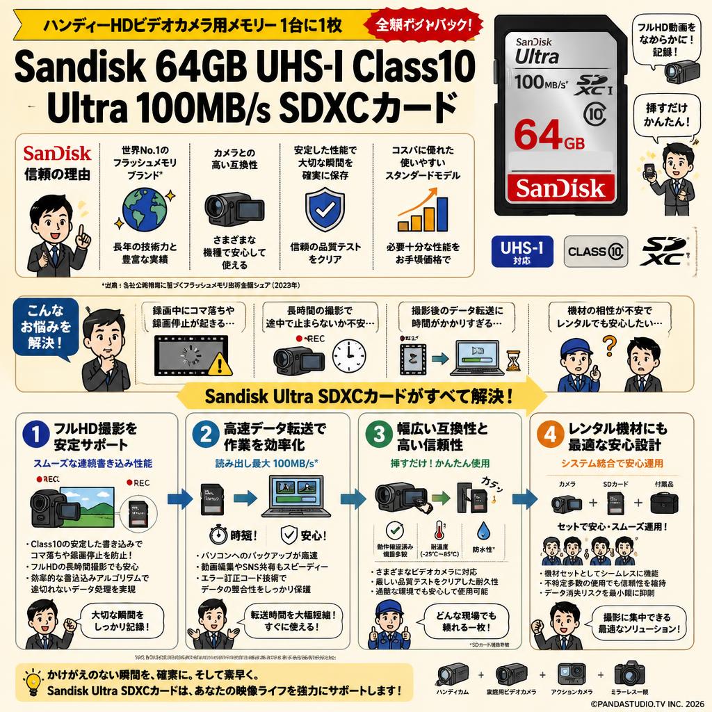 【ハンディーHDビデオカメラ用メモリー1台に1枚 全額ポイントバック】Sandisk 64GB UHS-I Class10 Ultra 100MB/s SDXCカード 概要