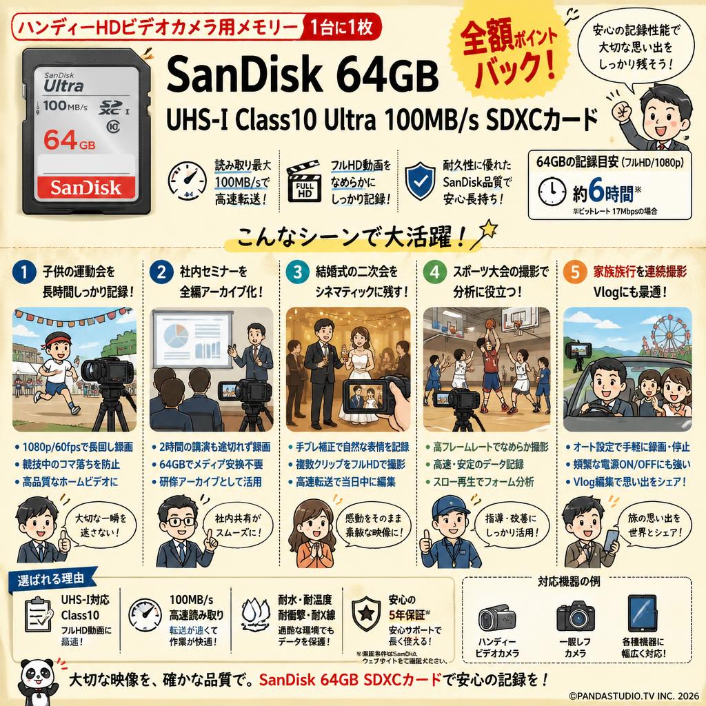 【ハンディーHDビデオカメラ用メモリー1台に1枚 全額ポイントバック】Sandisk 64GB UHS-I Class10 Ultra 100MB/s SDXCカード 用途