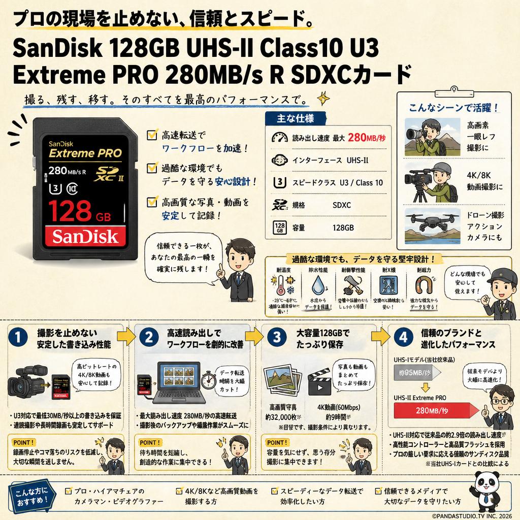 SanDisk 128GB UHS-II Class10 U3 Extreme PRO 280MB/s R SDXCカード 概要