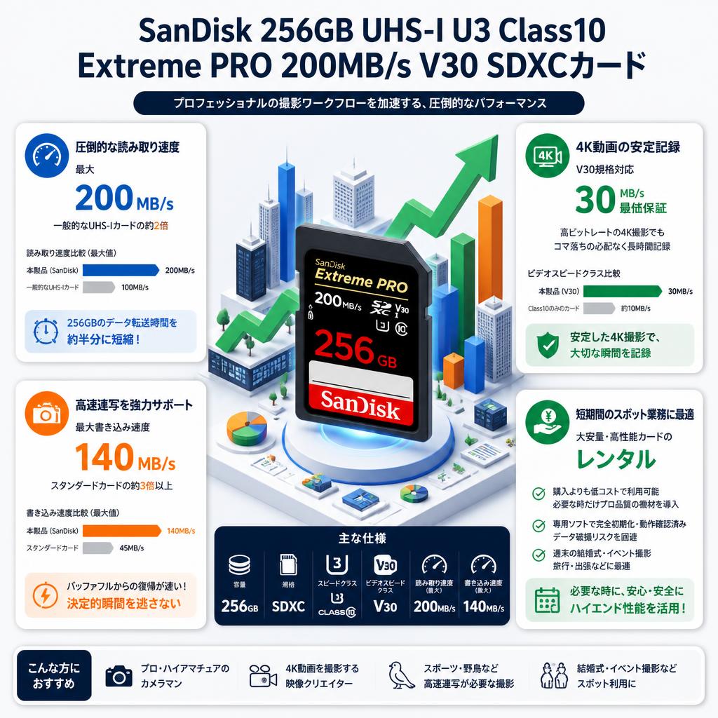 SanDisk 256GB UHS-I U3 Class10  Extreme PRO 200MB/s  V30 SDXCカード セールスポイント