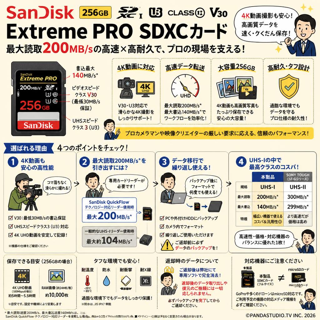 SanDisk 256GB UHS-I U3 Class10  Extreme PRO 200MB/s  V30 SDXCカード FAQ（よくある質問と答え）