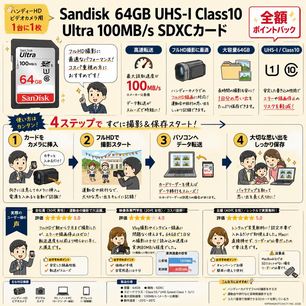 【ハンディーHDビデオカメラ用メモリー1台に1枚 全額ポイントバック】Sandisk 64GB UHS-I Class10 Ultra 100MB/s SDXCカード インターネット上のお客様の声（評判）