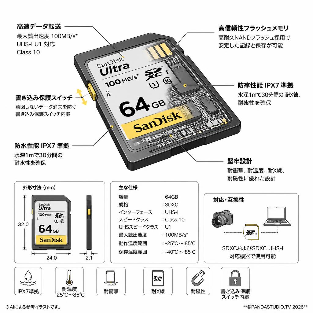 【ハンディーHDビデオカメラ用メモリー1台に1枚 全額ポイントバック】Sandisk 64GB UHS-I Class10 Ultra 100MB/s SDXCカード スペック