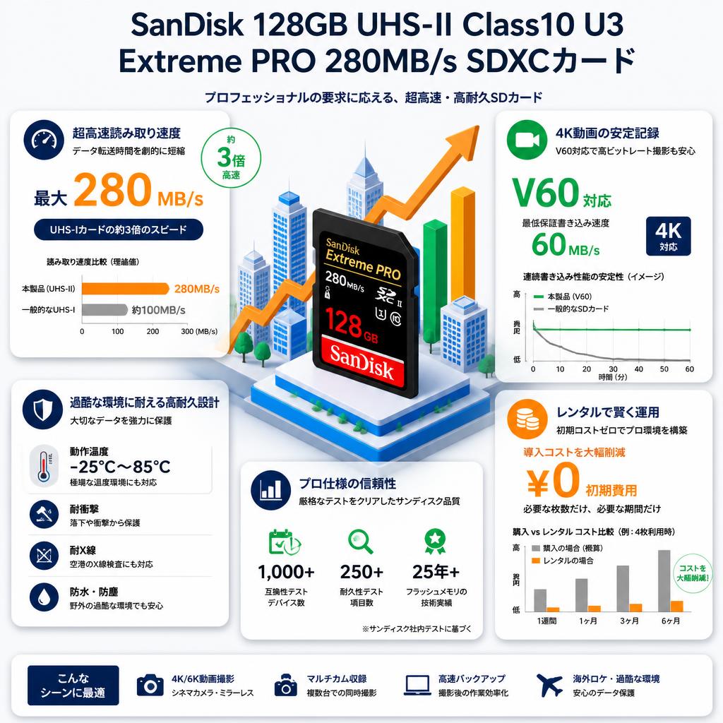 SanDisk 128GB UHS-II Class10 U3 Extreme PRO 280MB/s R SDXCカード セールスポイント