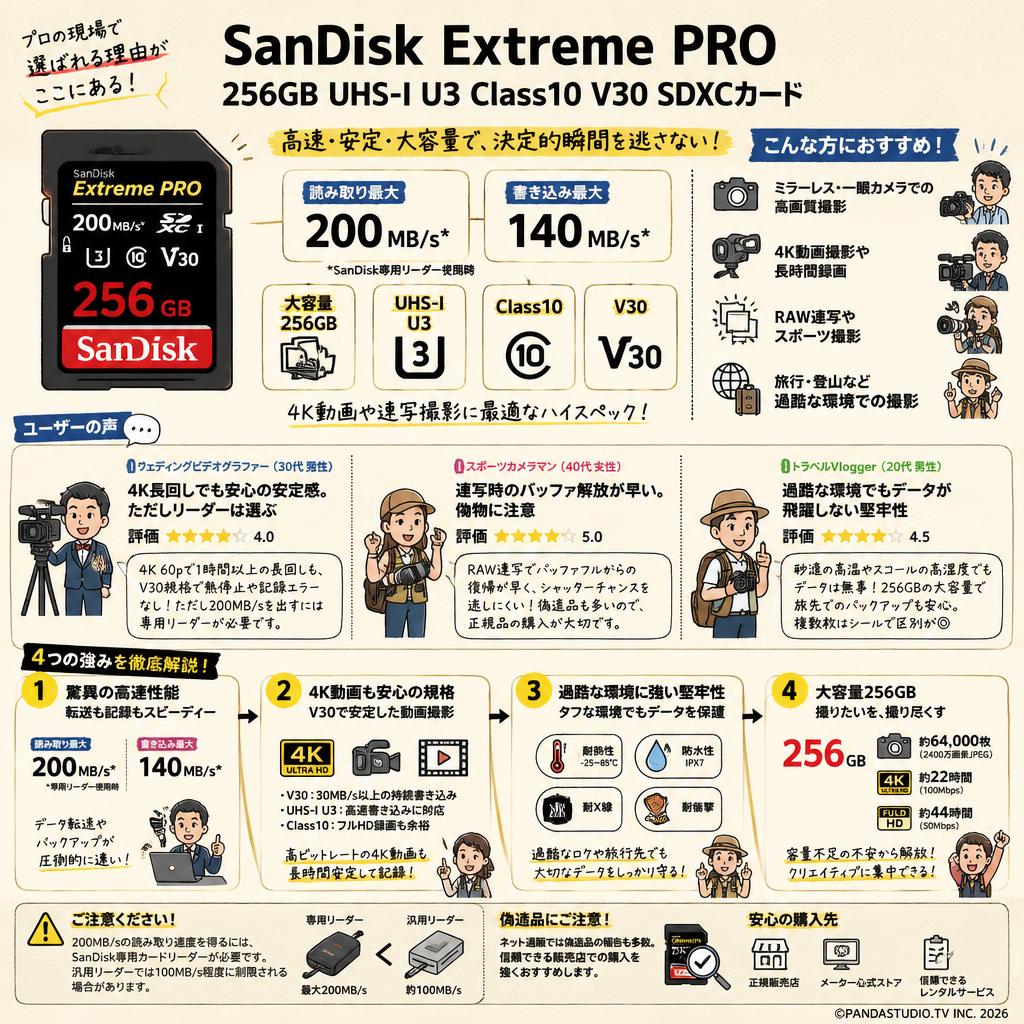 SanDisk 256GB UHS-I U3 Class10  Extreme PRO 200MB/s  V30 SDXCカード インターネット上のお客様の声（評判）