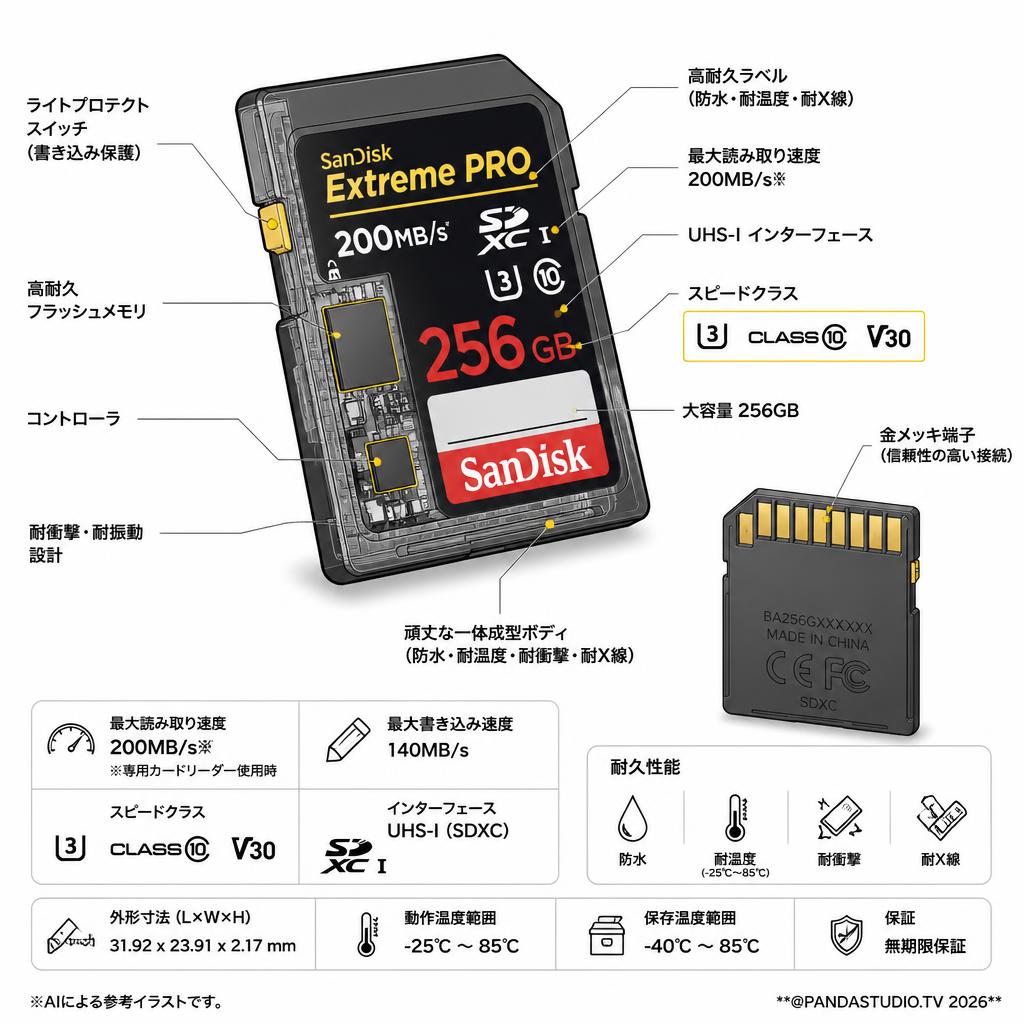 SanDisk 256GB UHS-I U3 Class10  Extreme PRO 200MB/s  V30 SDXCカード スペック
