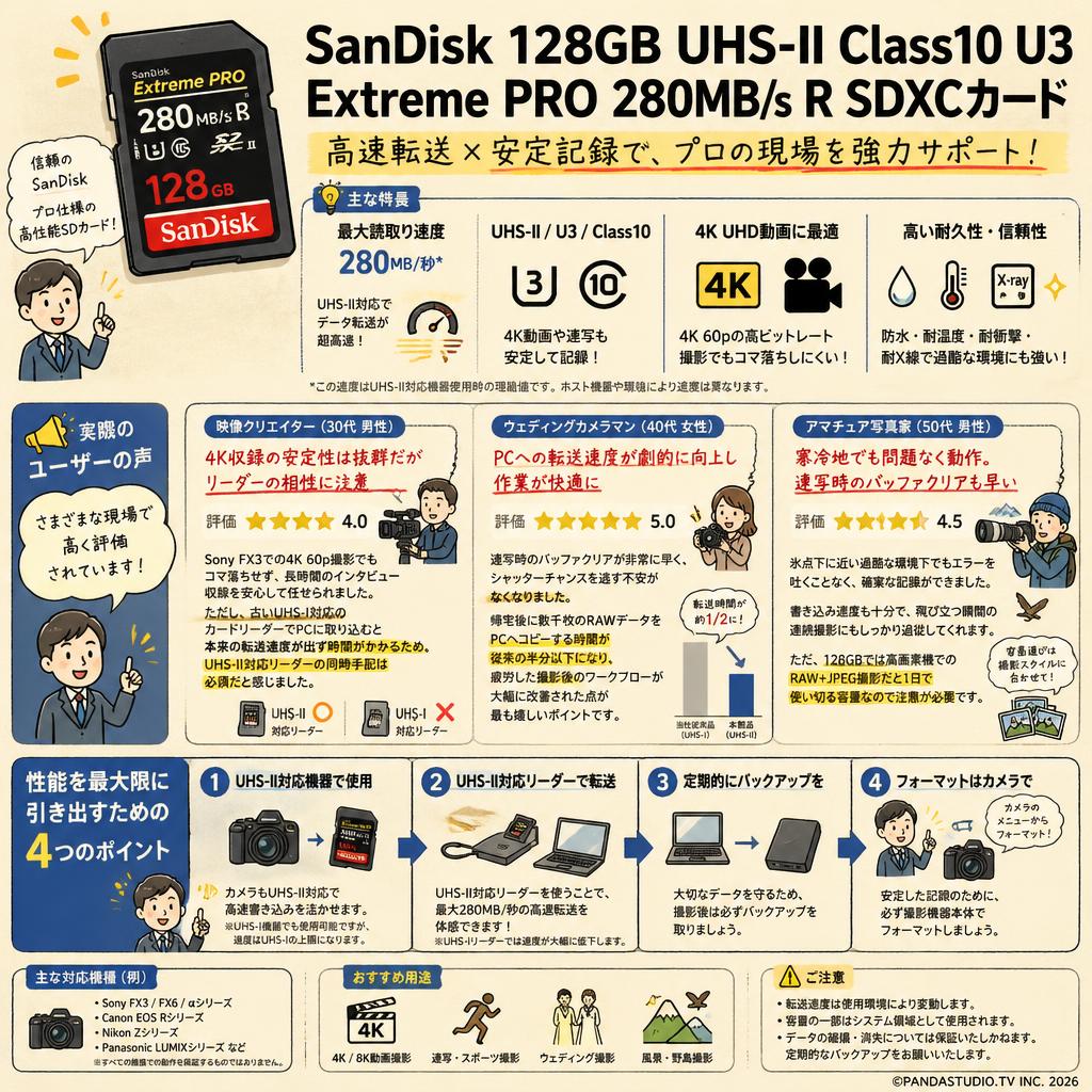 SanDisk 128GB UHS-II Class10 U3 Extreme PRO 280MB/s R SDXCカード インターネット上のお客様の声（評判）
