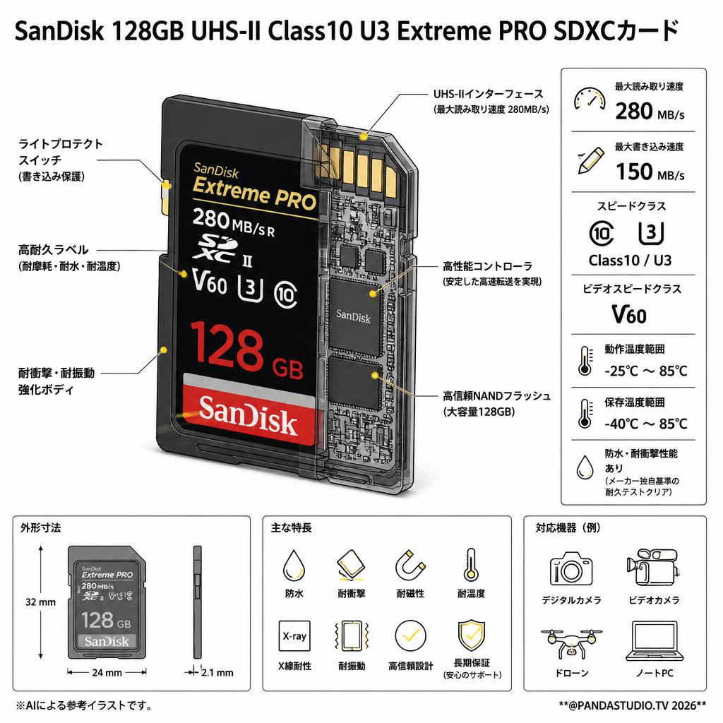 SanDisk 128GB UHS-II Class10 U3 Extreme PRO 280MB/s R SDXCカード スペック