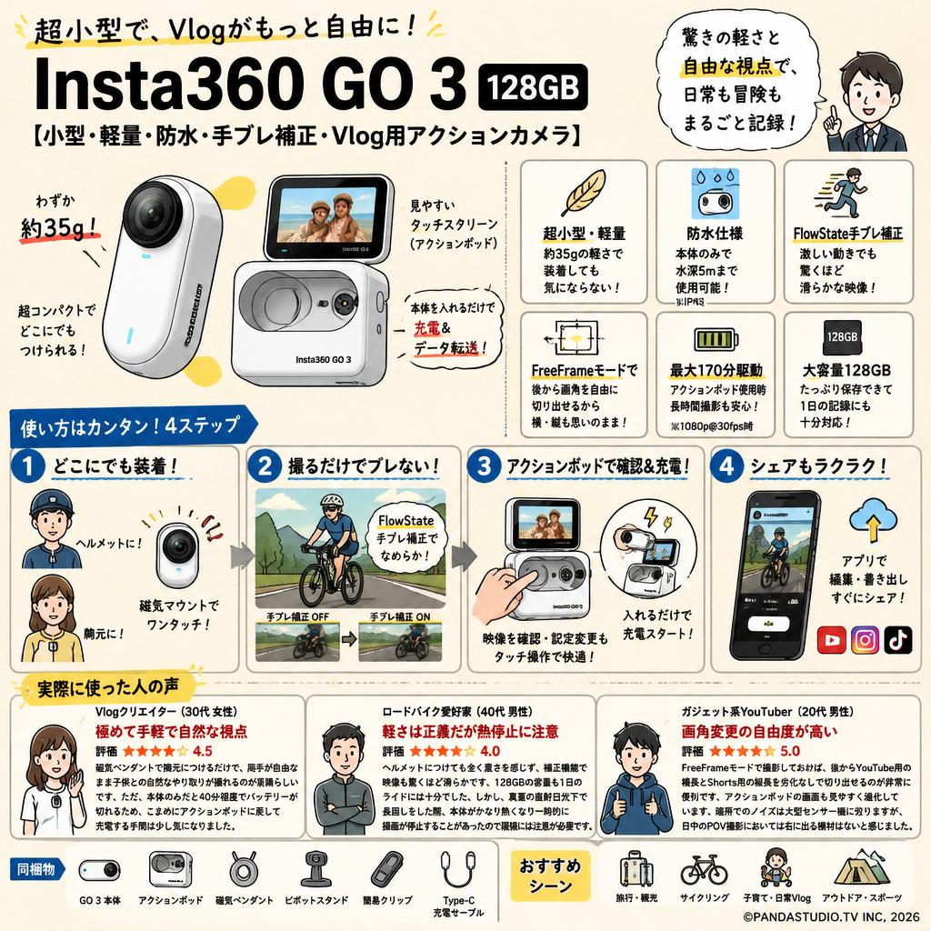 Insta360 GO 3 128GB【小型・軽量・防水・手ブレ補正・Vlog用アクションカメラ】 インターネット上のお客様の声（評判）