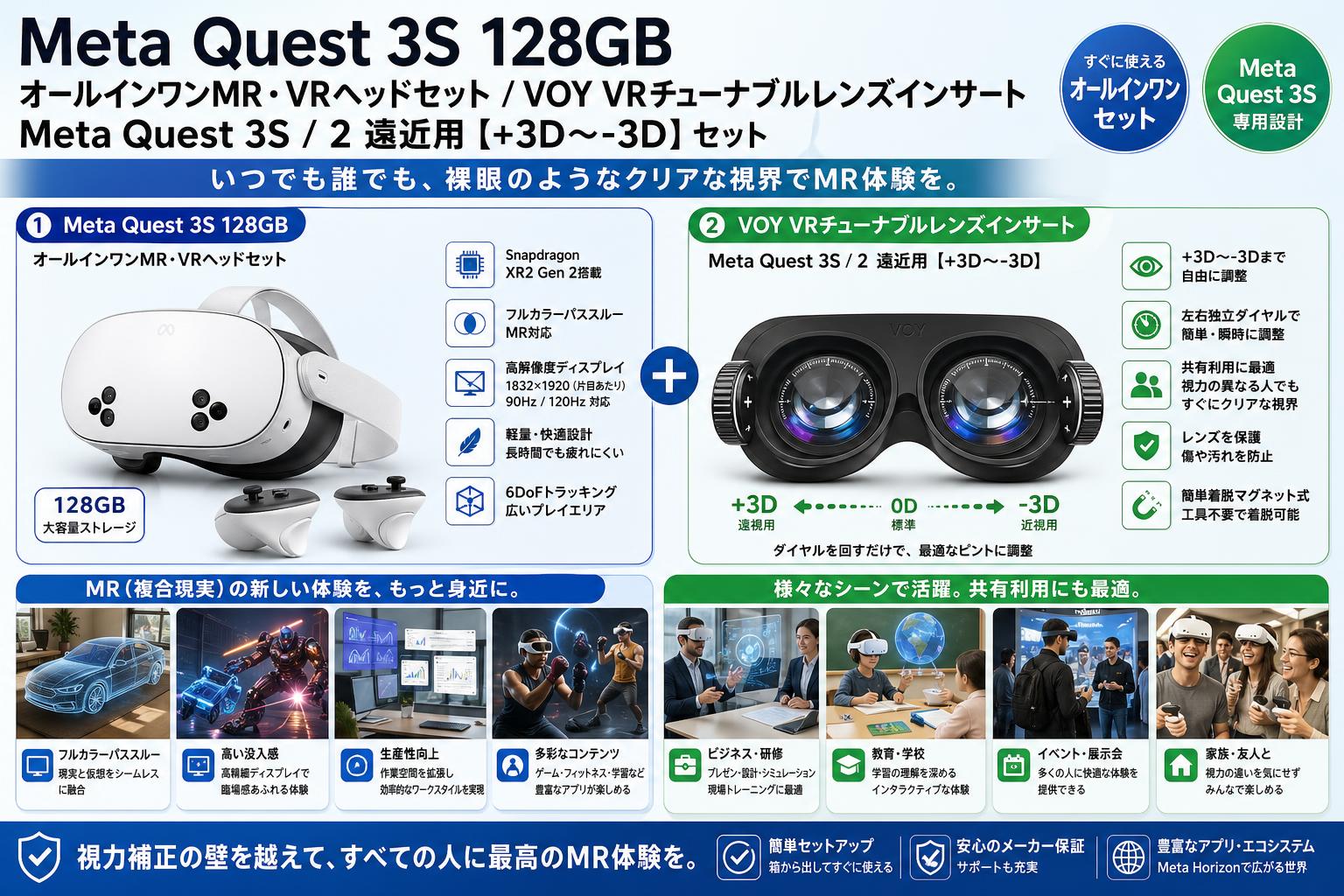 Meta Quest 3S 128GB オールインワンMR・VRヘッドセット / VOY VRチューナブルレンズインサートMeta Quest 3S / 2 遠近用【+3D〜-3D】セット 概要