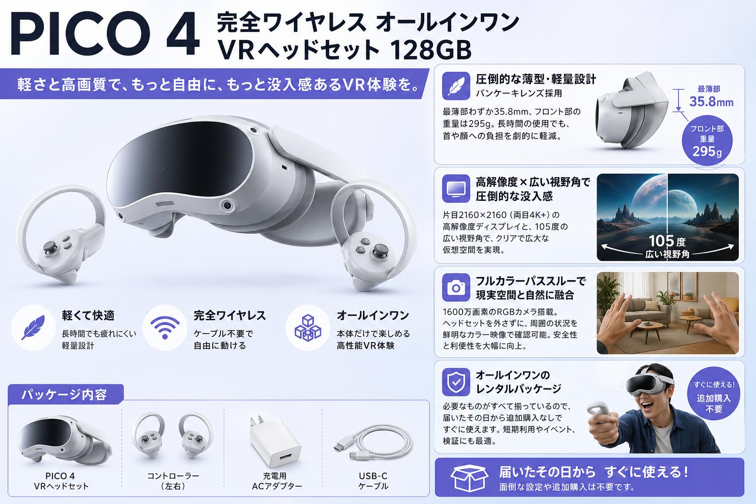 PICO 4 完全ワイヤレス オールインワン VRヘッドセット 128GB セールスポイント