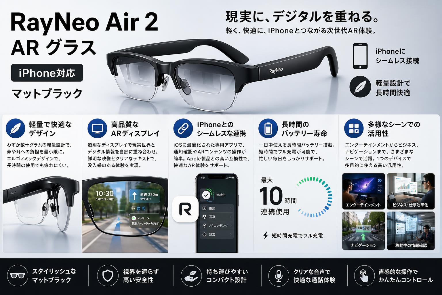 RayNeo Air 2 AR グラス iPhone対応 マットブラック セールスポイント