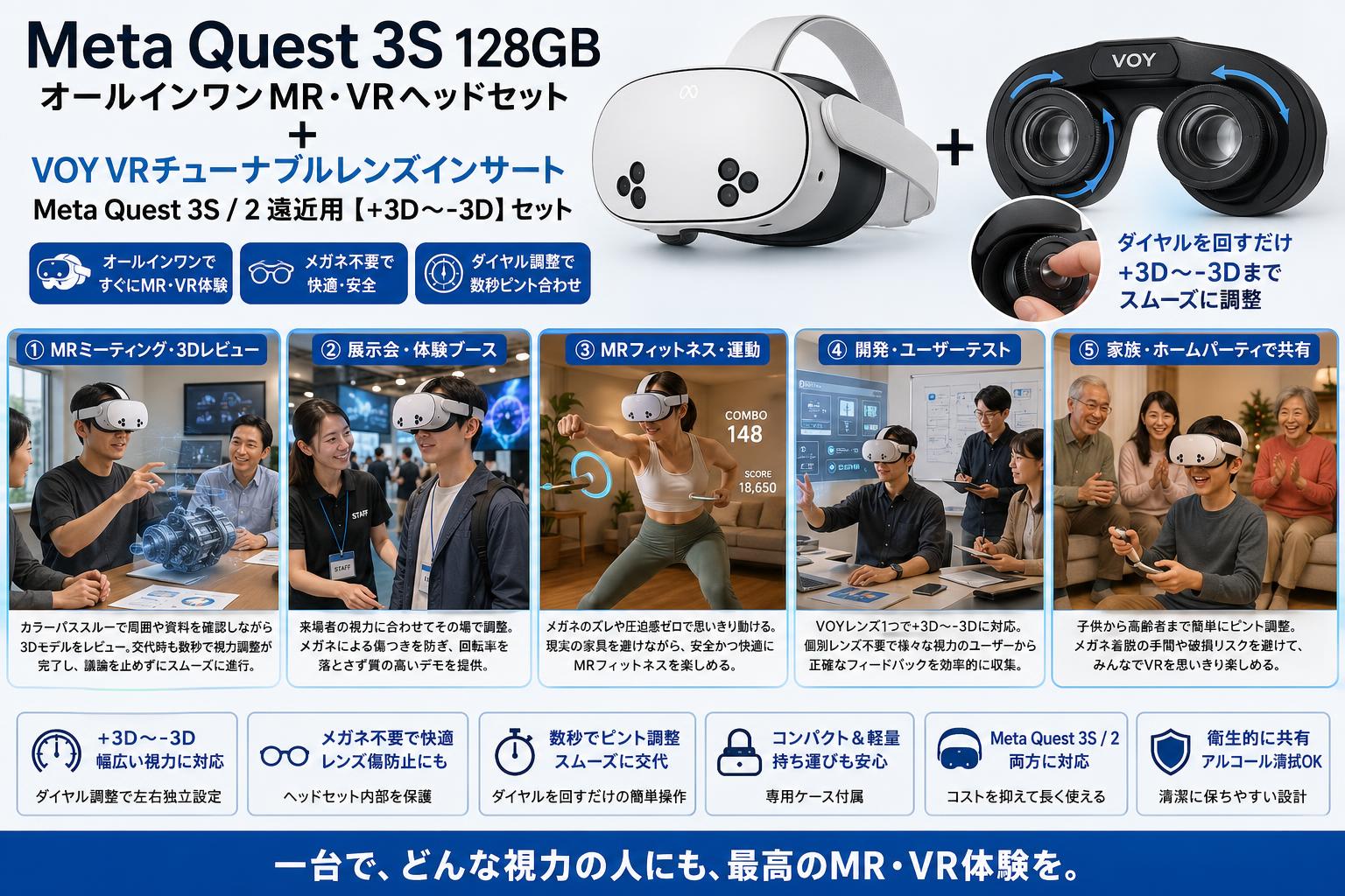 Meta Quest 3S 128GB オールインワンMR・VRヘッドセット / VOY VRチューナブルレンズインサートMeta Quest 3S / 2 遠近用【+3D〜-3D】セット 用途