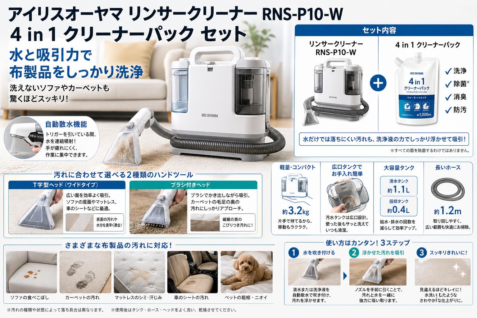 アイリスオーヤマ リンサークリーナー RNS-P10-W / 4 in 1 クリーナーパック セット 概要