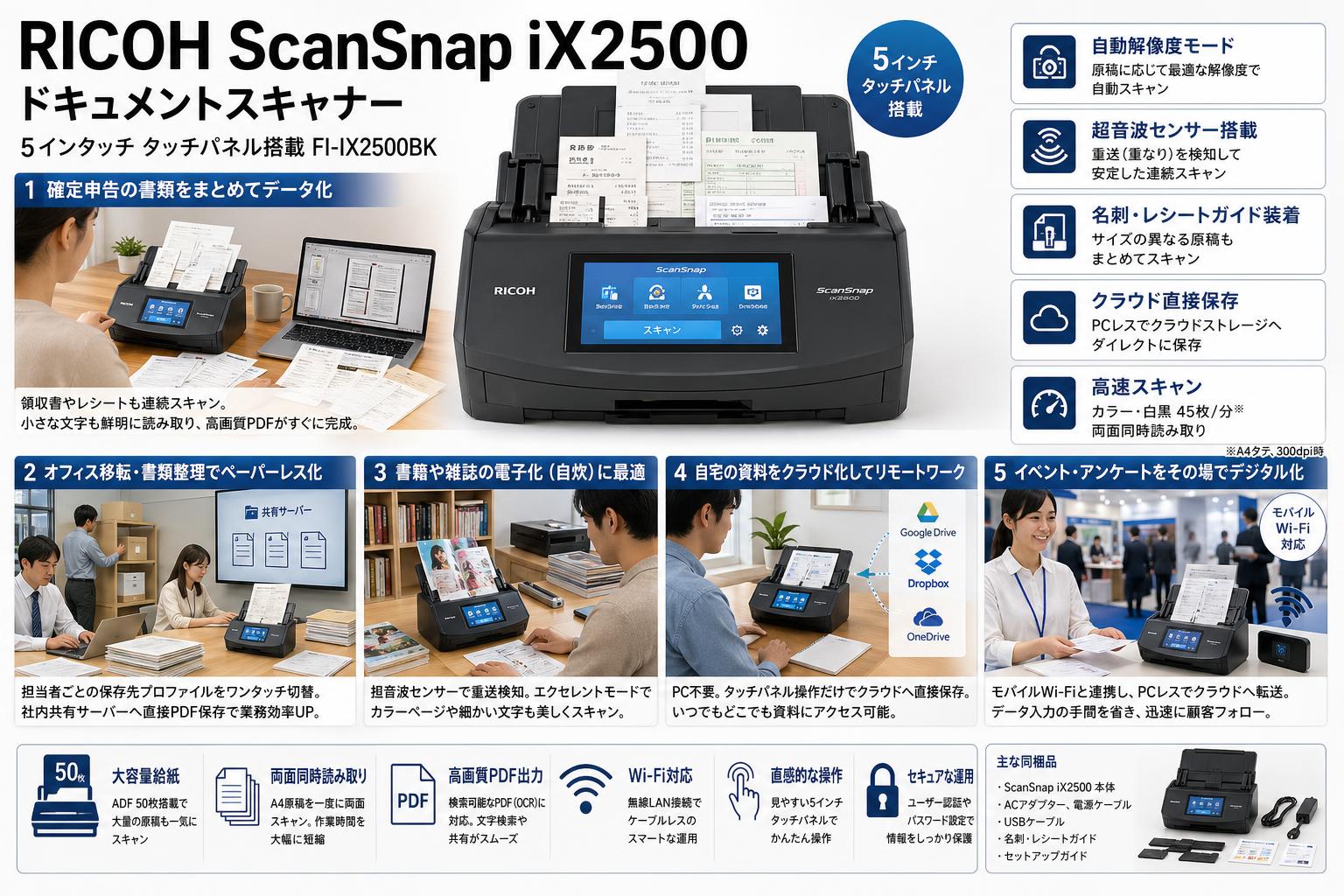 RICOH ScanSnap iX2500 ドキュメントスキャナー 5インタッチ タッチパネル搭載 FI-IX2500BK 用途