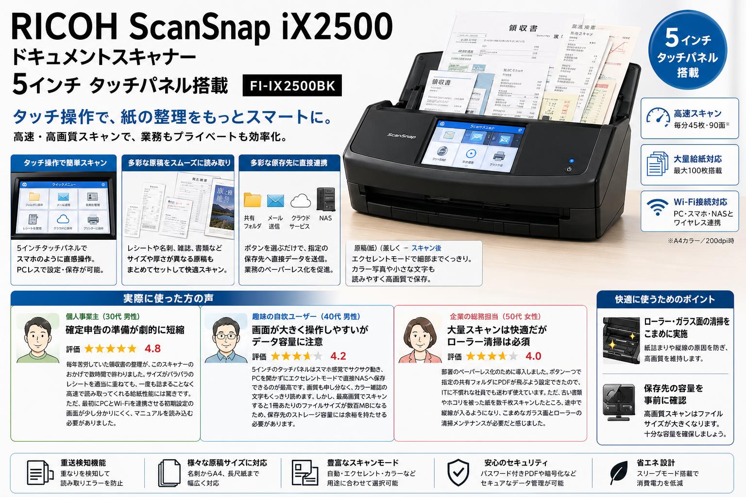 RICOH ScanSnap iX2500 ドキュメントスキャナー 5インタッチ タッチパネル搭載 FI-IX2500BK インターネット上のお客様の声（評判）
