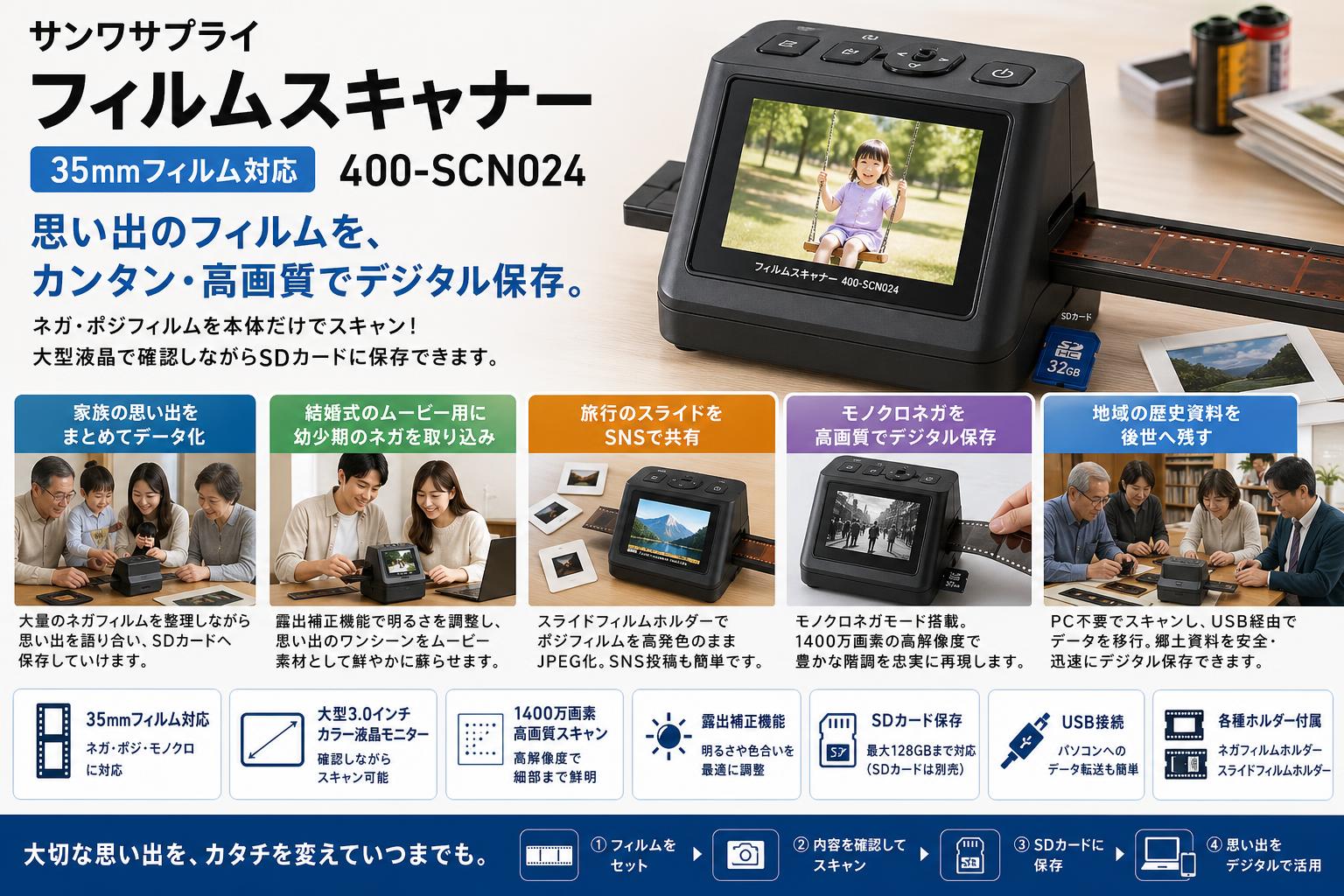サンワサプライフィルムスキャナー35mmフィルム対応  400-SCN024 用途