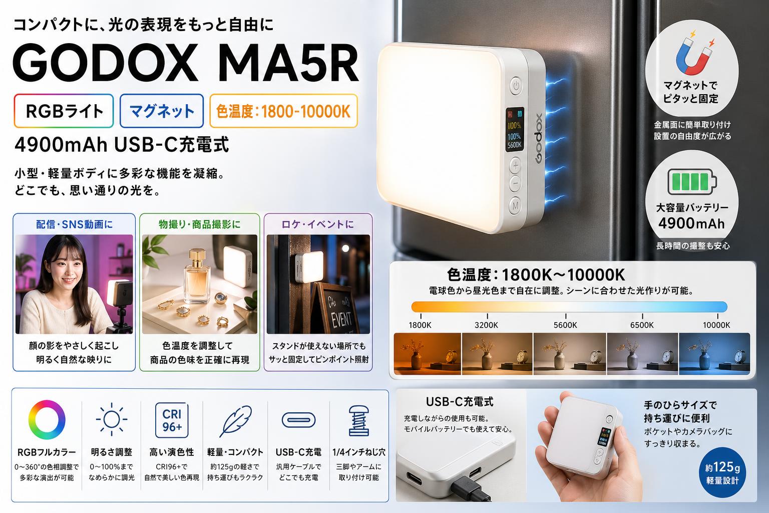 GODOX MA5R RGBライト マグネット 色温度：1800-10000K 4900mAh USB-C充電式 ホワイト おもな対象のお客様