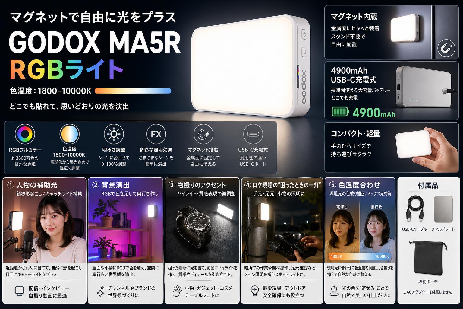 GODOX MA5R RGBライト マグネット 色温度：1800-10000K 4900mAh USB-C充電式 ホワイト 用途