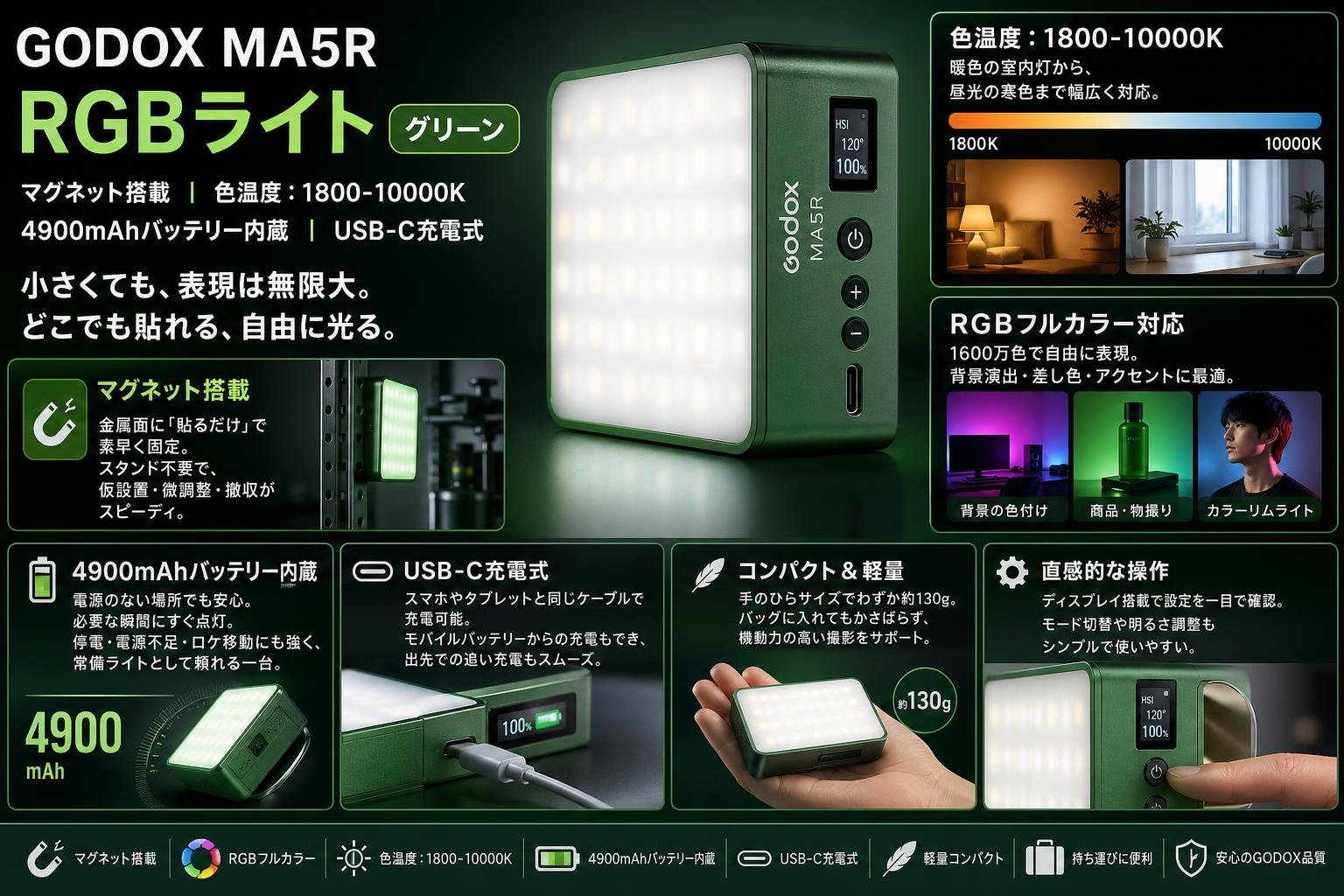 GODOX MA5R RGBライト マグネット 色温度：1800-10000K 4900mAh USB-C充電式 グリーン セールスポイント