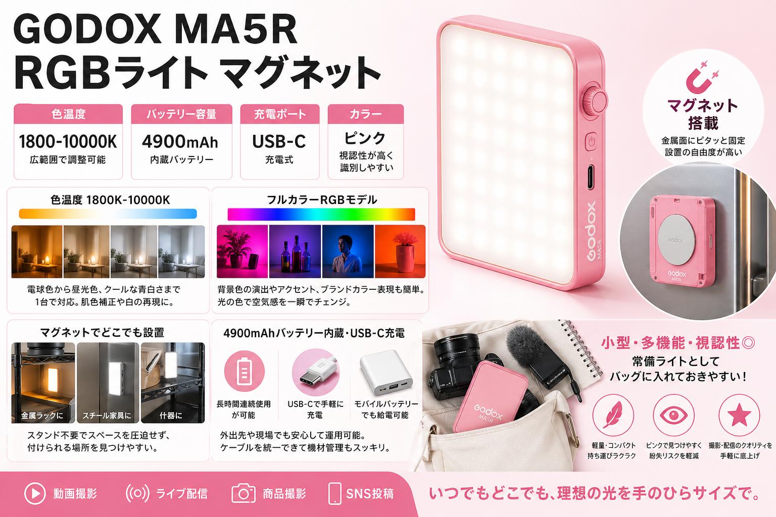 GODOX MA5R RGBライト マグネット 色温度：1800-10000K 4900mAh USB-C充電式 ピンク セールスポイント