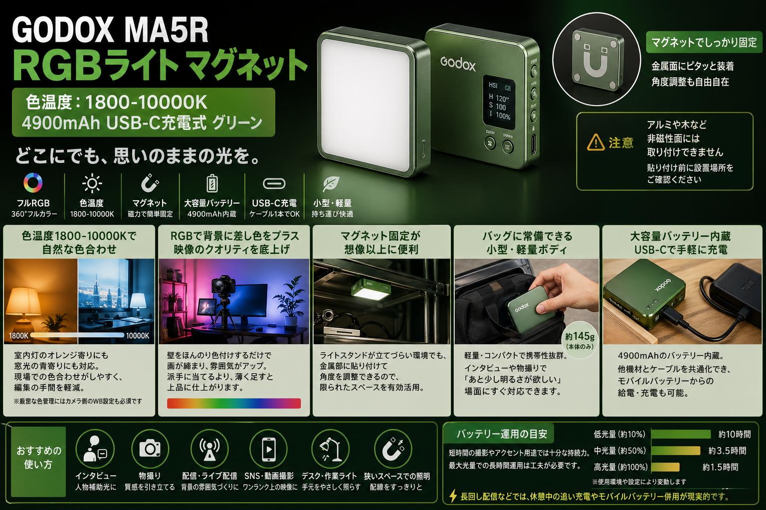 GODOX MA5R RGBライト マグネット 色温度：1800-10000K 4900mAh USB-C充電式 グリーン インターネット上のお客様の声（評判）