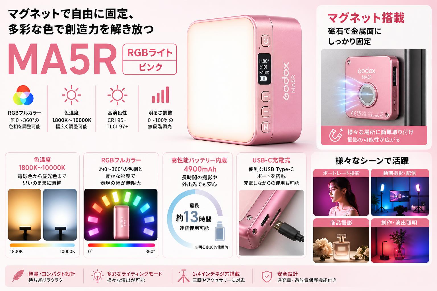 GODOX MA5R RGBライト マグネット 色温度：1800-10000K 4900mAh USB-C充電式 ピンク スペック