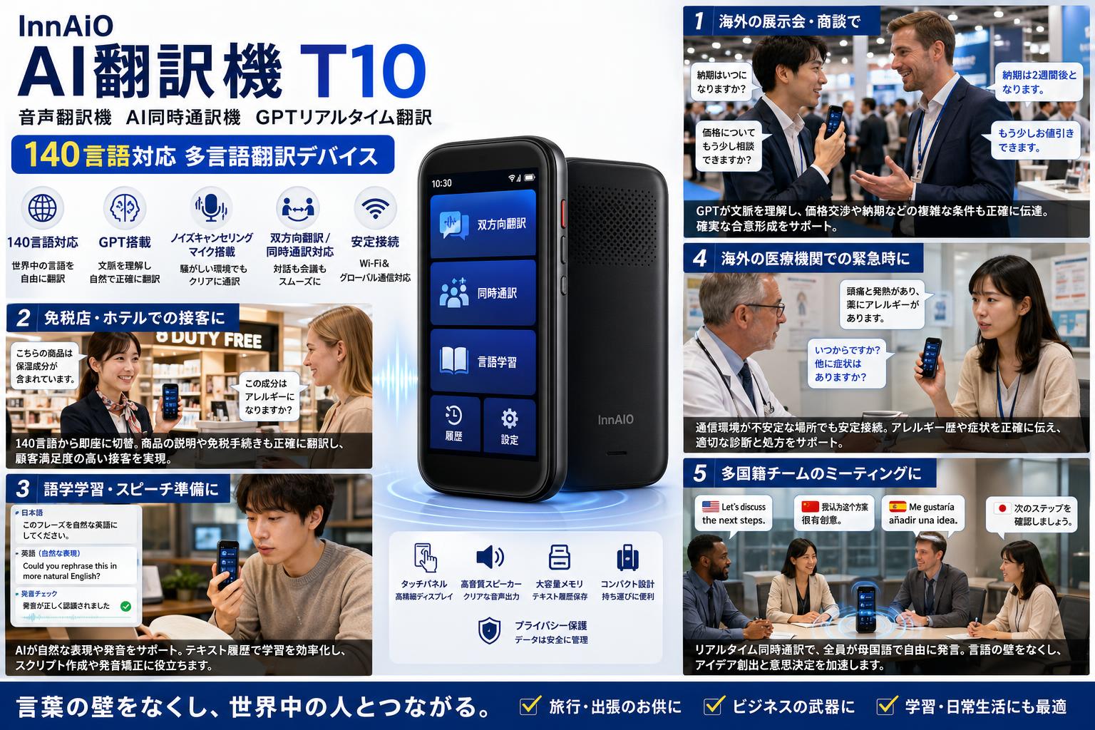 InnAIO AI翻訳機 T10 音声翻訳機 AI同時通訳機 GPTリアルタイム翻訳 140言語対応 多言語翻訳デバイス 用途