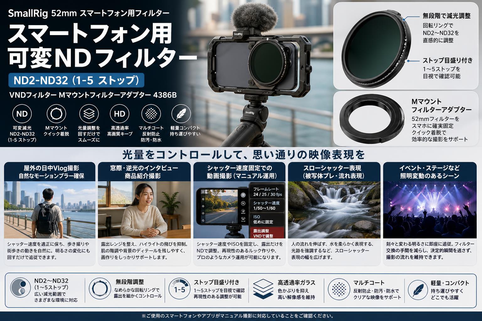 SmallRig 52mm スマートフォン用フィルター ND2-ND32 (1-5 ストップ) VNDフィルター Mマウントフィルターアダプター 4386B 用途