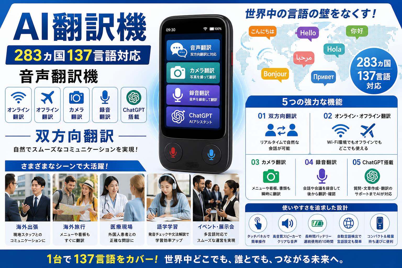 AI翻訳機  283ヵ国137言語対応 音声翻訳機 【オンライン・オフライン翻訳/カメラ翻訳/録音翻訳/ChatGPT】双方向翻訳 インターネット上のお客様の声（評判）