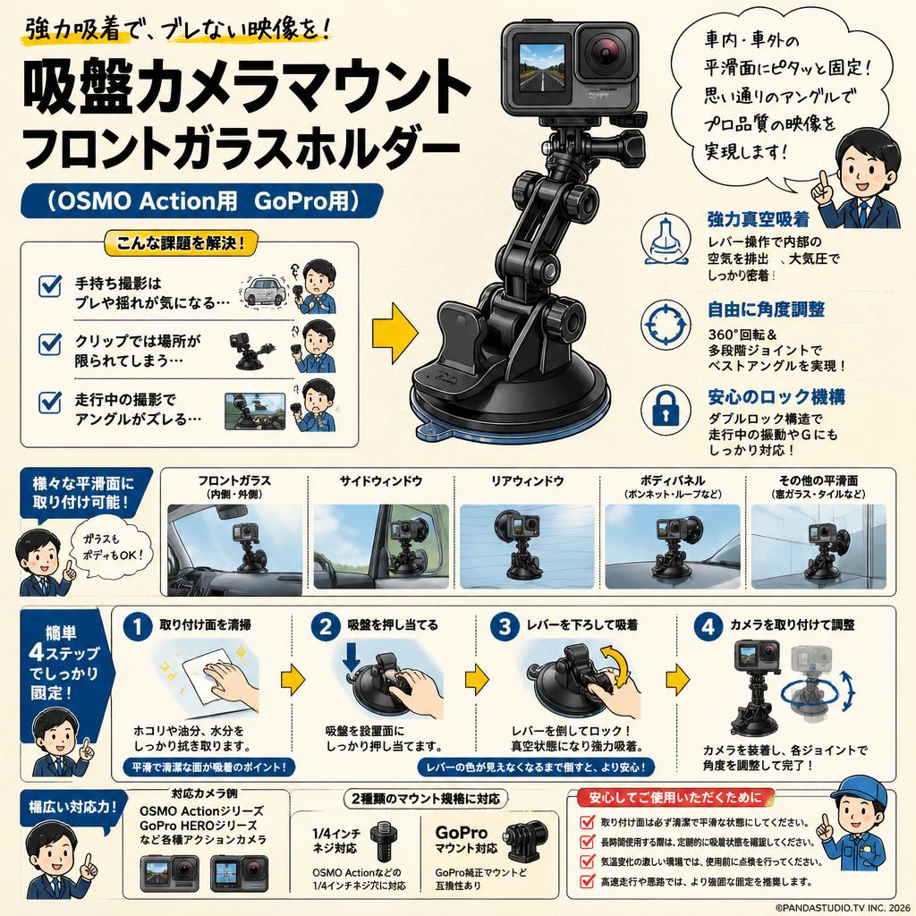 吸盤カメラマウント フロントガラスホルダー （OSMO Action用　GoPro用） 概要