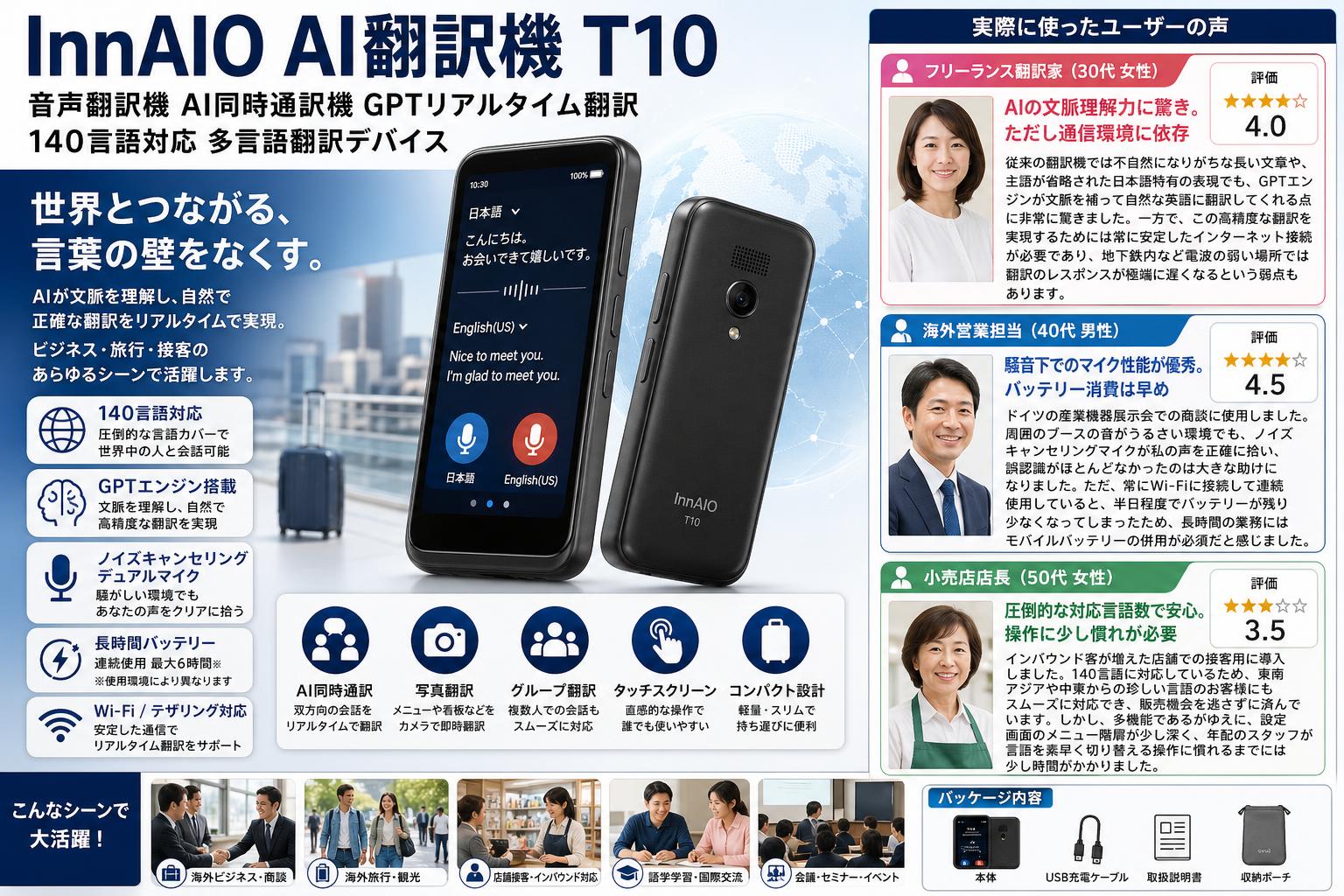 InnAIO AI翻訳機 T10 音声翻訳機 AI同時通訳機 GPTリアルタイム翻訳 140言語対応 多言語翻訳デバイス インターネット上のお客様の声（評判）