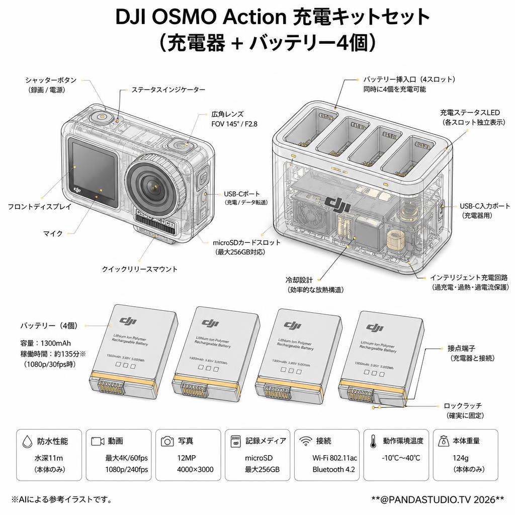 DJI OSMO Action 充電キットセット（充電器 + バッテリー4個） スペック