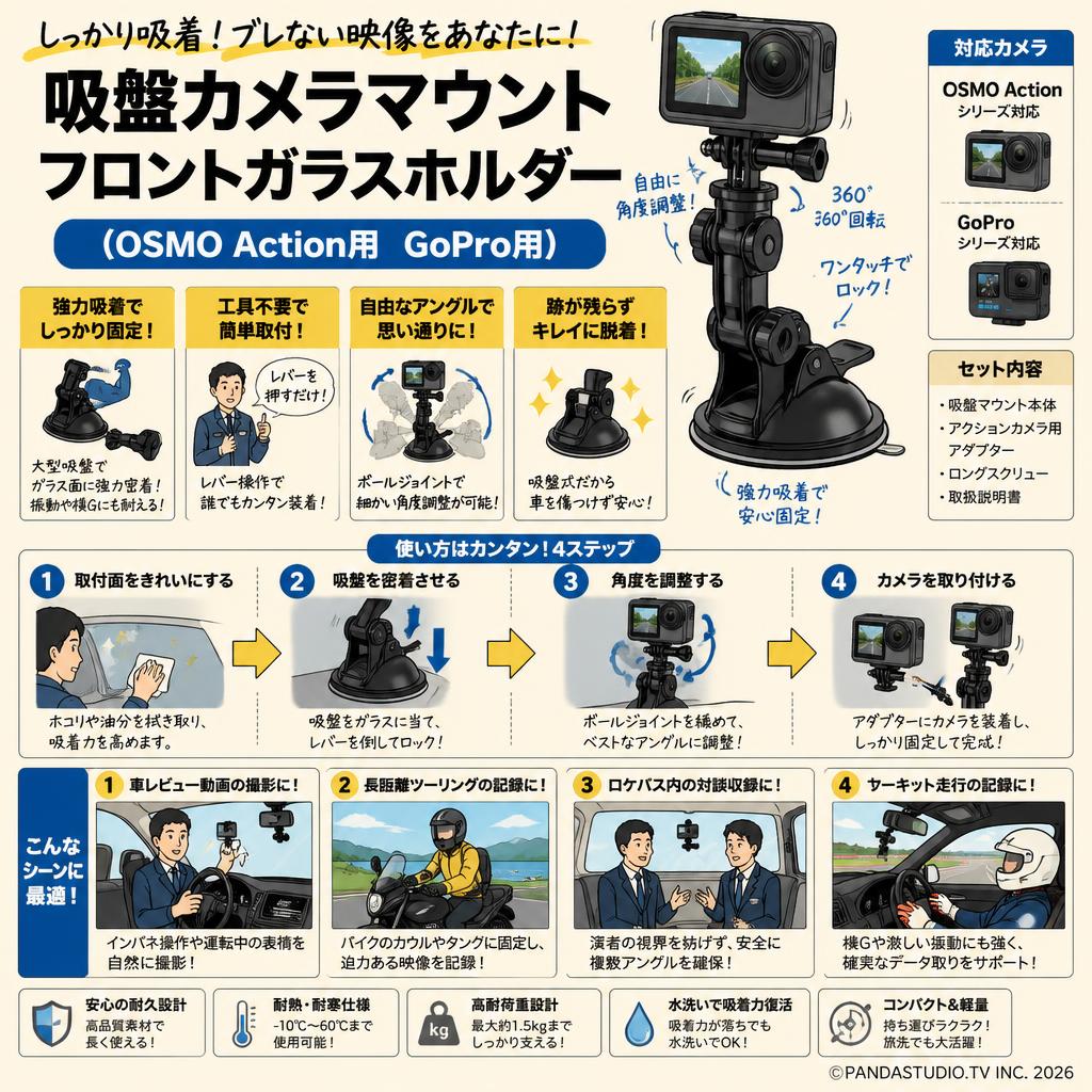 吸盤カメラマウント フロントガラスホルダー （OSMO Action用　GoPro用） おもな対象のお客様