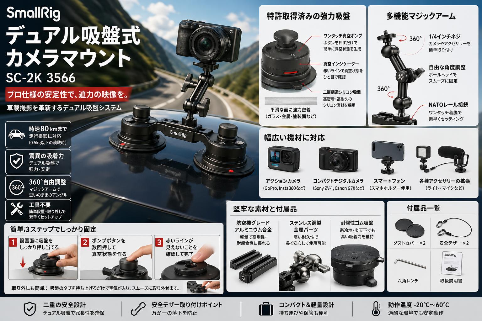 SmallRig デュアル吸盤式カメラマウント SC-2K 3566 概要
