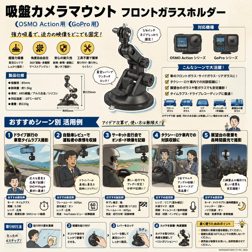 吸盤カメラマウント フロントガラスホルダー （OSMO Action用　GoPro用） 用途