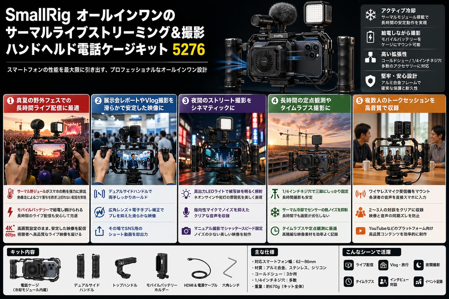 SmallRig オールインワンのサーマルライブストリーミング＆撮影ハンドヘルド電話ケージキット 5276 用途