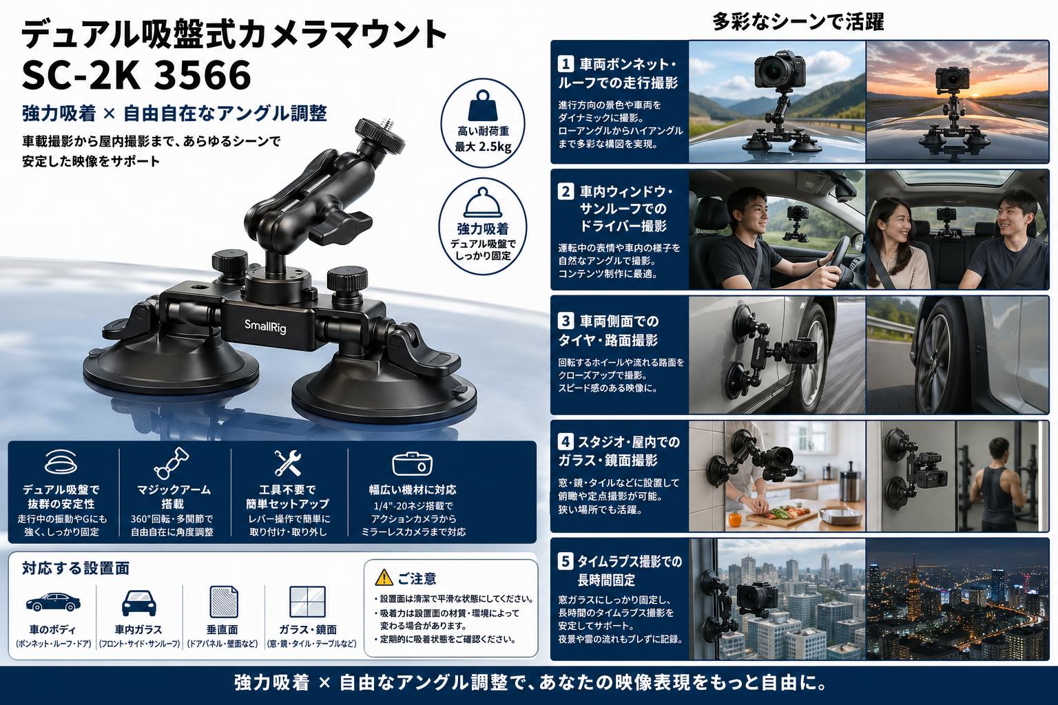 SmallRig デュアル吸盤式カメラマウント SC-2K 3566 用途