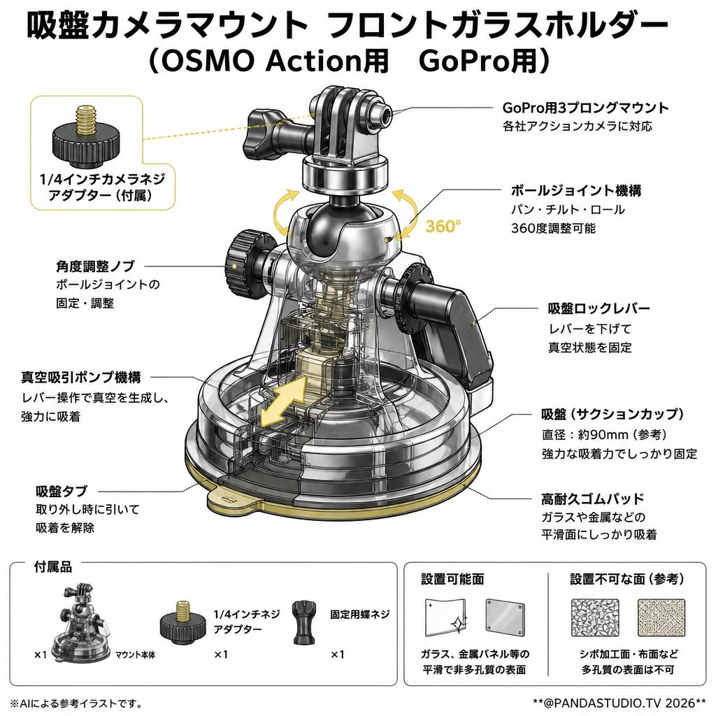 吸盤カメラマウント フロントガラスホルダー （OSMO Action用　GoPro用） スペック