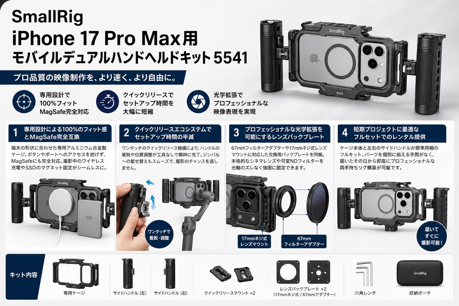 SmallRig iPhone 17 Pro Max用モバイルデュアルハンドヘルドキット 5541 セールスポイント